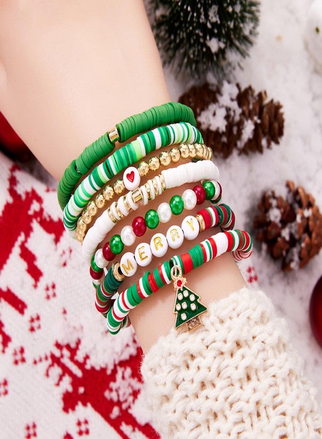 Sfoni 7Pcs Christmas Beaded Bracelet, Preppy Heishi Bracelets MERRY Letter Stack Vinyl Disc Beads Surfer Stretch Bracelet XMAS Party Decor Festive Cosplay Jewelry Gifts for Her Him, Green - Image 3
